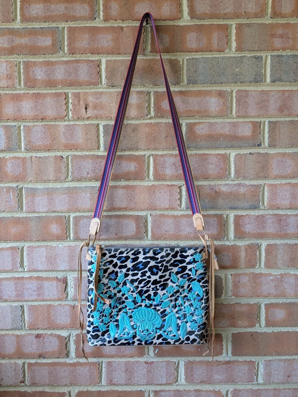 Consuela Downtown Crossbody in Bettie Tan Blue Embroidered Cheetah Leopard